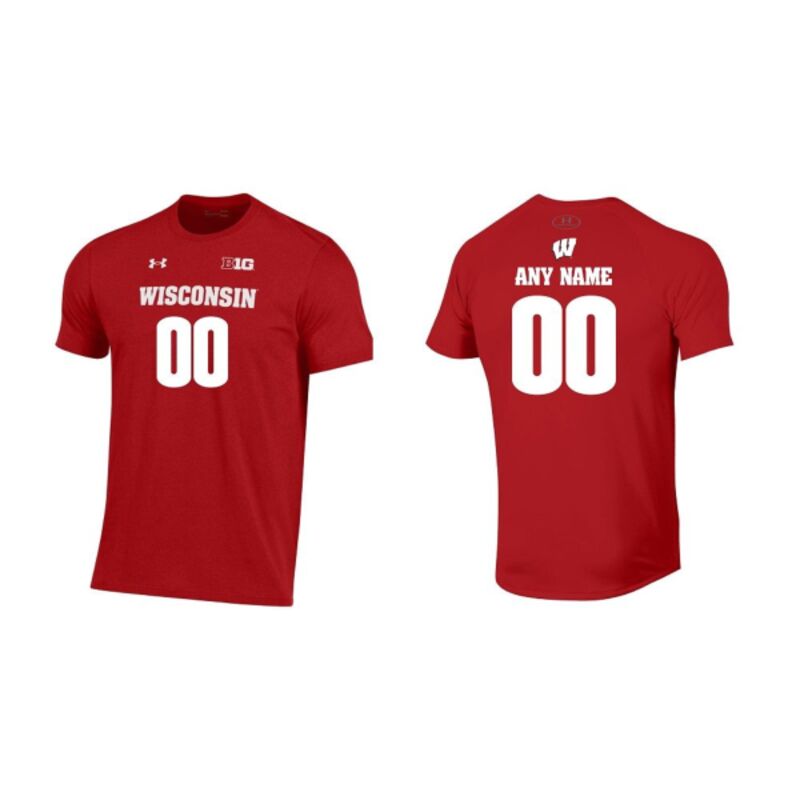 Wisconsin Badgers Under Armour Red Custom Football Name & Number Performance Cotton T-Shirt Thumbnail