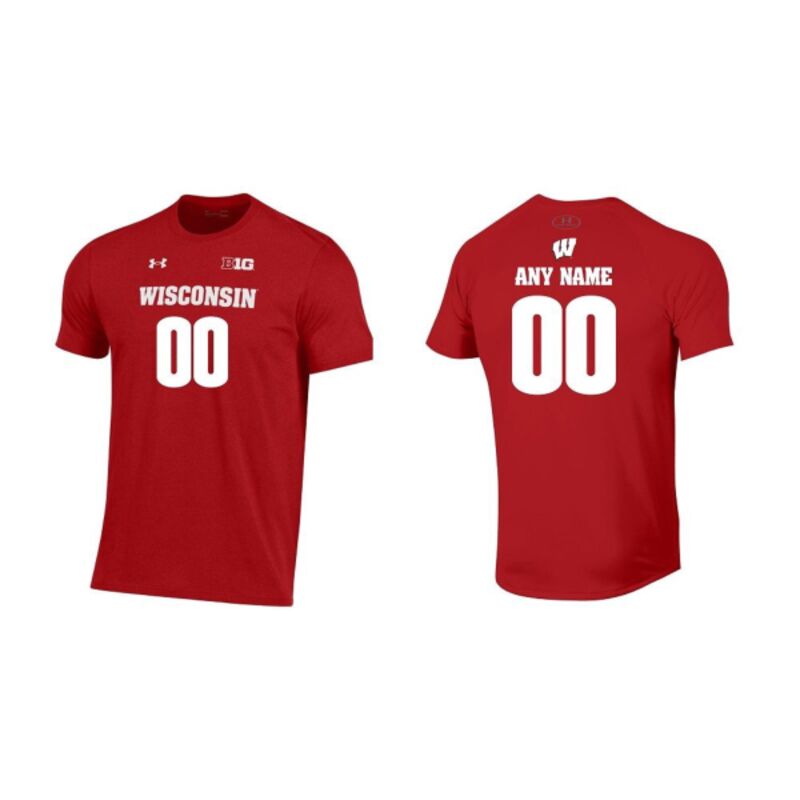 Wisconsin Badgers Under Armour Red Youth Custom Football Name & Number T-Shirt Thumbnail
